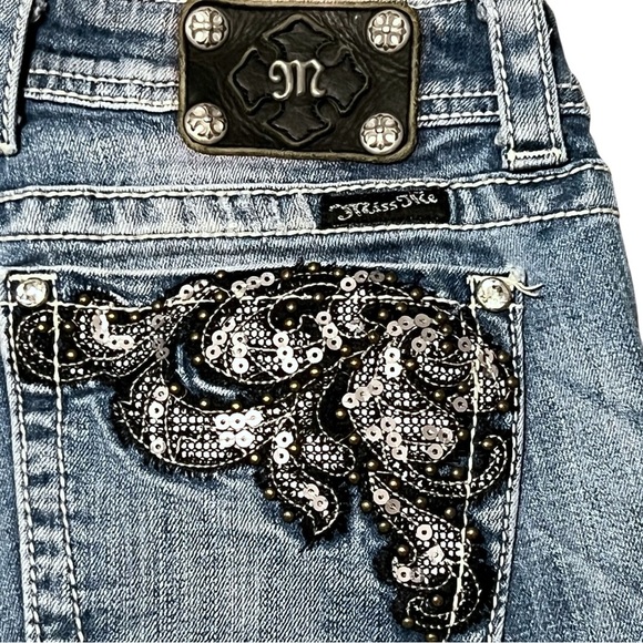 Miss Me Boot Cut Jeans 32” Inseam JE5387BR Medium Wash Sequins 8” Mid Rise Denim - Picture 2 of 12
